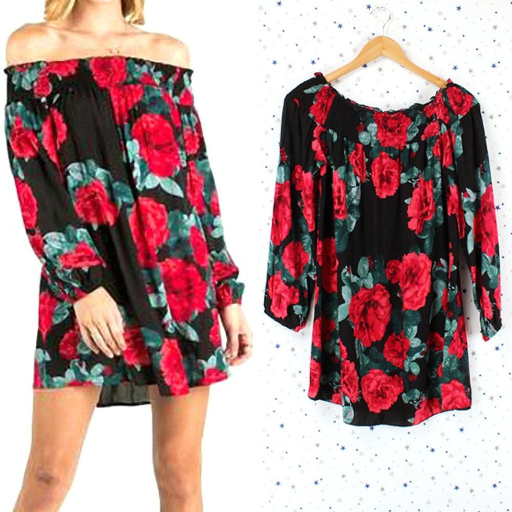 Off The Shoulder Floral Top Red Black